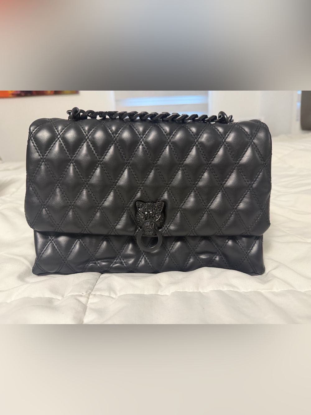 Aldo Quilted Black Shoulder Bag with Panther Ring Detail